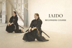 Two Iaidokas in a banner for a beginner course